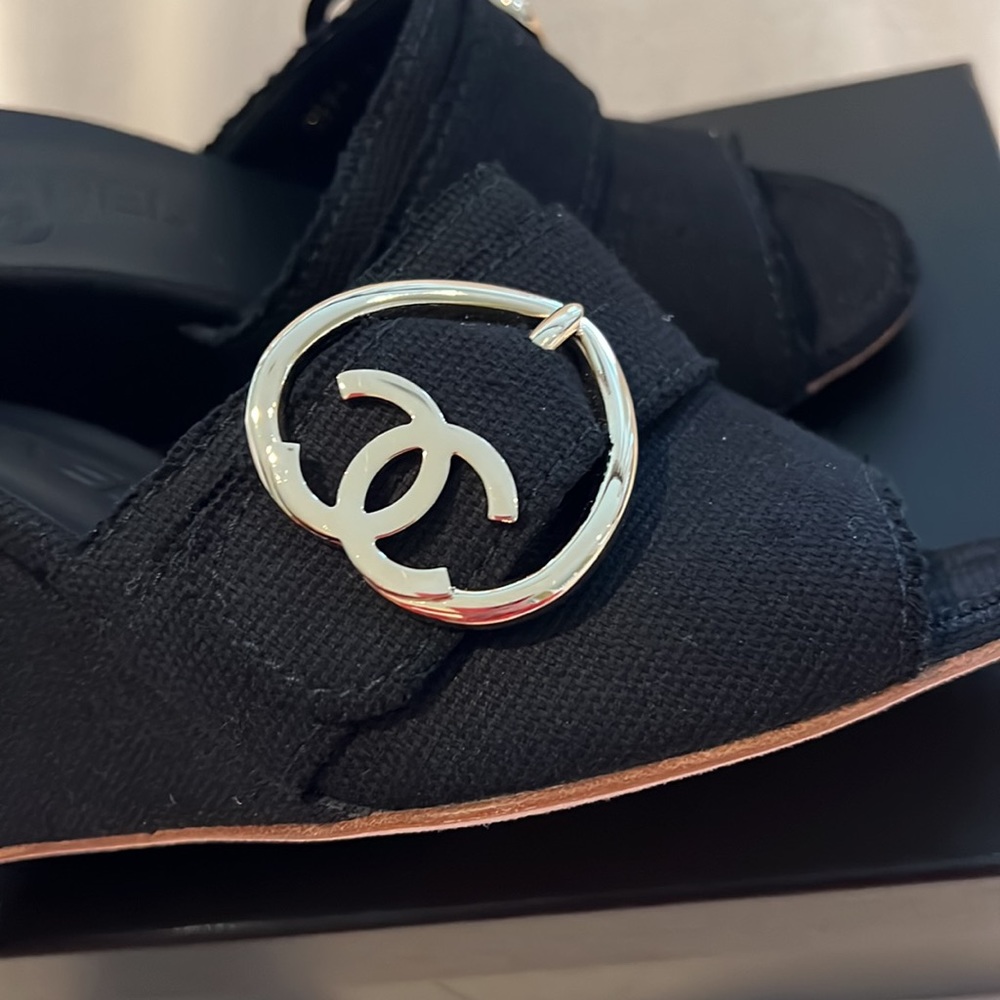 CHANEL Black Wedge Mules with Gold CC Accent - Picture 7 of 9